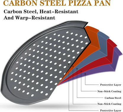 5Pcs Pizza Pan Set - 12 Inch Pizza Pan with Holes, Non-Stick, Pizza Oven Accessories with 2 Carbon Steel round Pans, Pizza Cutter and 2 Gloves, Dishwasher Safe