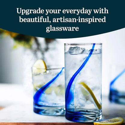 Blue Ribbon 16 Piece Tumbler and Rocks Glass Set, Infused Blue Ribbon Drinkware Glasses Set, Artisan Inspired Four-Dimple Shaped Rock Glasses, Dishwasher Safe Tumbler Glasses Set