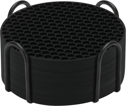 Silicone Coasters Set of 8 with Holder,Coasters for Drinks,Beer,Coffee Coasters,Suitable for Kinds Cups,Hot or Cold,Anti-Sli,Non-Stick,Anti-Overflow Tabletop Protection and Decor (8 Pcs, Black)