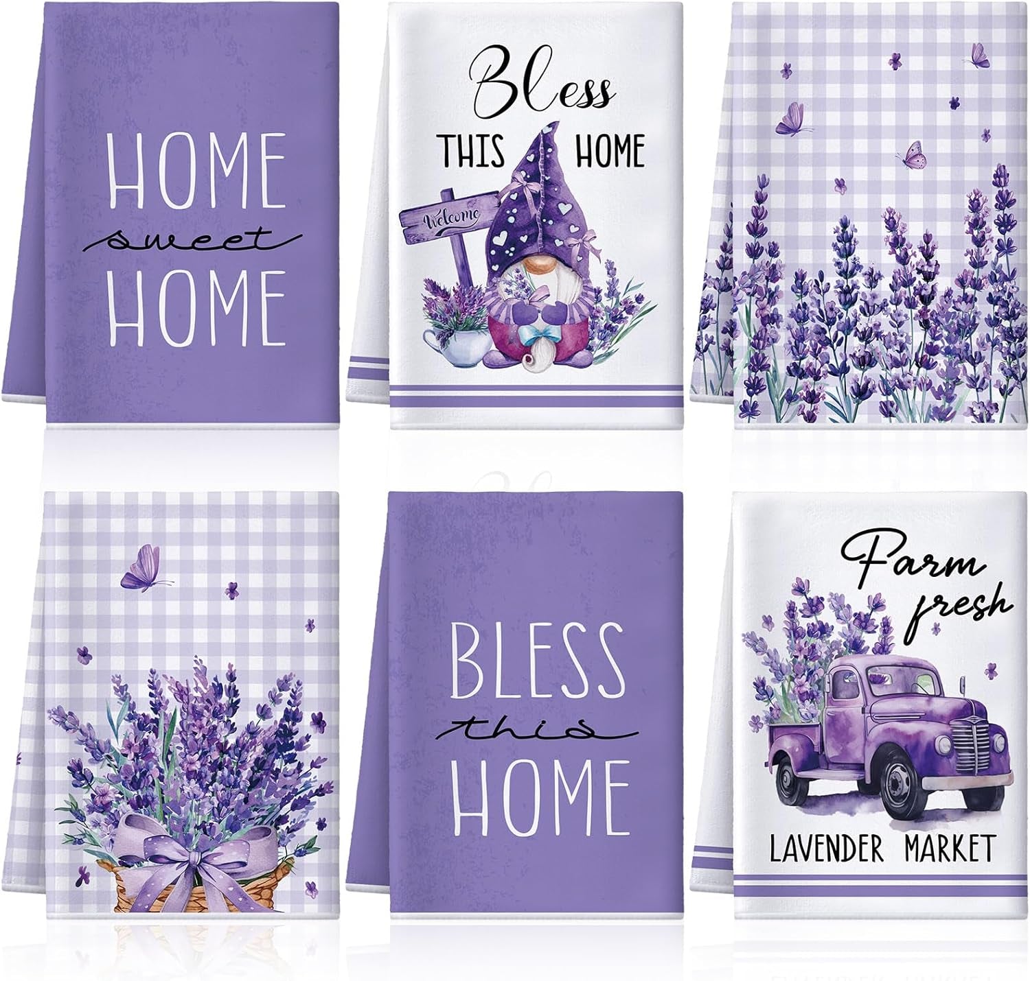 6 Pcs Lavender Summer Kitchen Towel Set Funny Housewife Farmhouse Rustic Bath Hand Towel for Holiday Bathroom Gift, 24 X 16 Inches(Purple,Lavender)