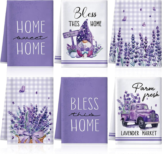 6 Pcs Lavender Summer Kitchen Towel Set Funny Housewife Farmhouse Rustic Bath Hand Towel for Holiday Bathroom Gift, 24 X 16 Inches(Purple,Lavender)