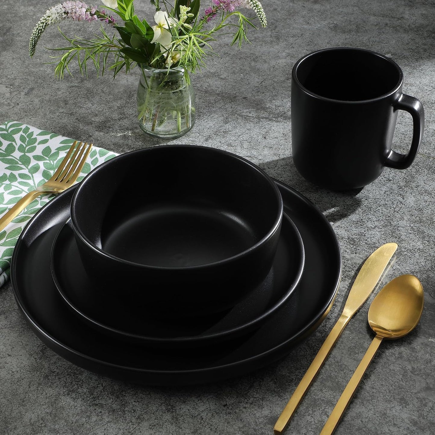 Zuma Stoneware Plates, Bowls, & Mugs Dinnerware Set - Matte Black, Service for Four (16Pcs)