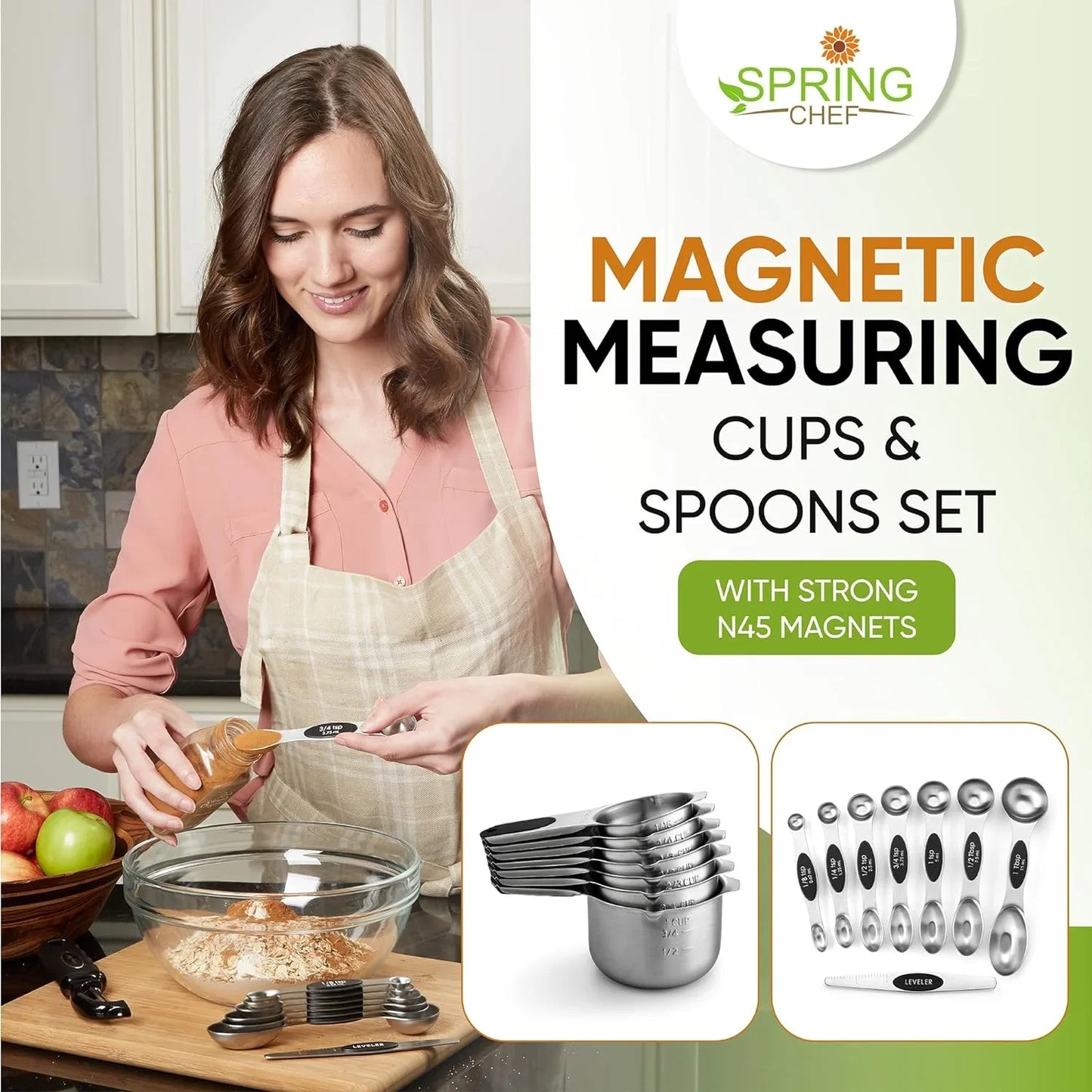 Magnetic Measuring Cups & Spoons Set, Patented, Strong N45 Magnets, Heavy Duty Stainless Steel Fits in Spice Jars for Baking & Cooking, BPA Free, round Set of 15 with Leveler, Black