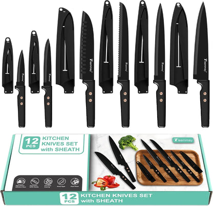 12-Piece Kitchen Knife Set, Stainless Steel Knives with Non-Stick Coating, Dishwasher Safe, Black Knife Set with Rose Gold Rivets 6 Blade Guards, Perfect for Home Chefs Cooking Enthusiasts