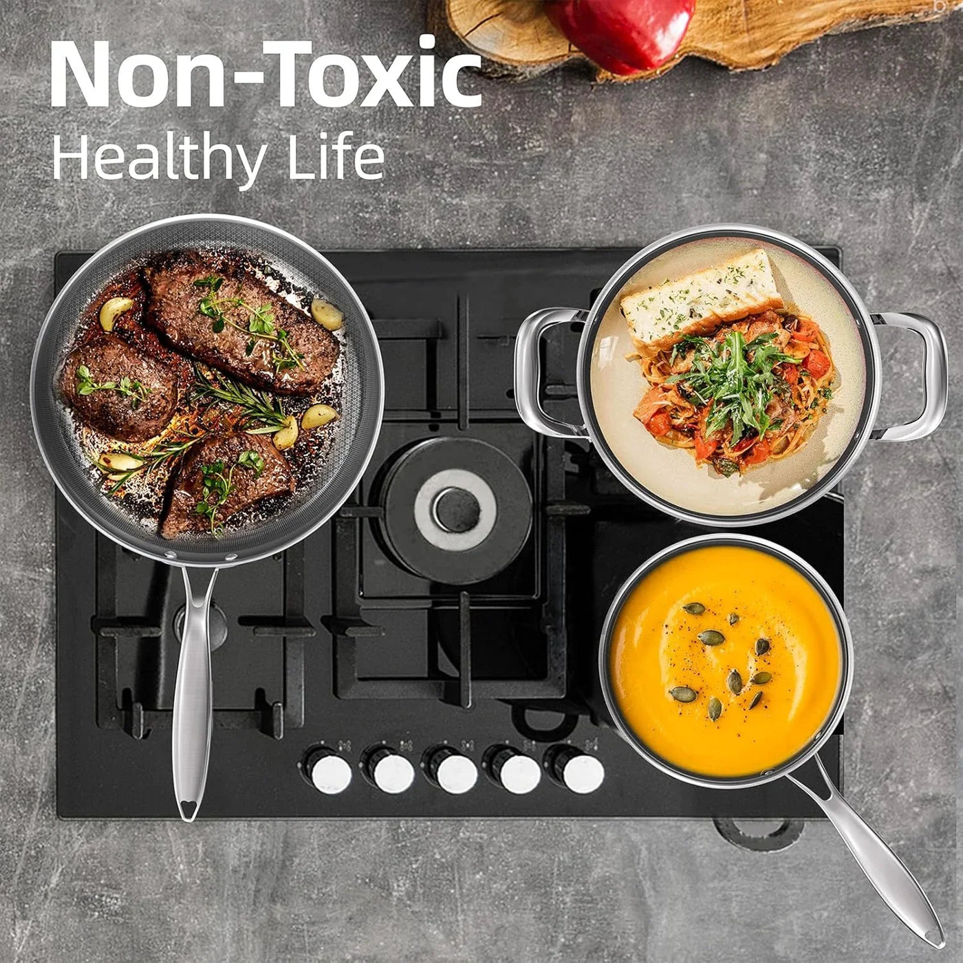 Stainless Steel Pans Set of 3 (8+10+12 Inch), Nonstick Frying Pans, Induction Pan Set, Chef'S Pan, Skillets Dishwasher & Oven Safe, Stay-Cool Handles, Compatible with All Cooktops