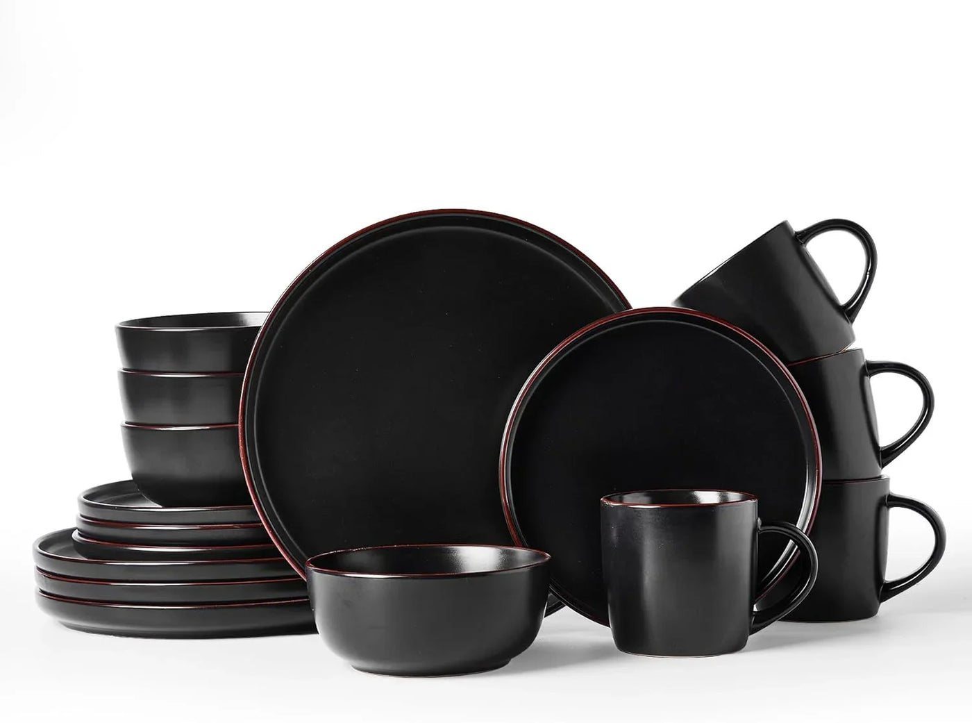 Mercury Dinnerware Sets with Mugs, Service for 4 (16 Pieces), Plates and Bowls Sets, Microwave and Dishwasher Safe Dishes Set, Matte Black