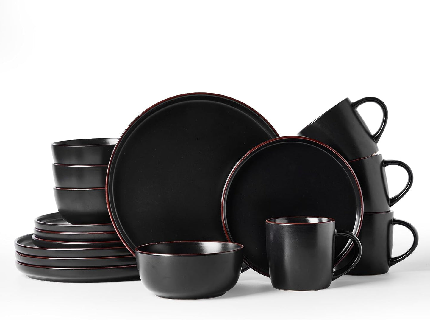 Mercury Dinnerware Sets with Mugs, Service for 4 (16 Pieces), Plates and Bowls Sets, Microwave and Dishwasher Safe Dishes Set, Matte Black