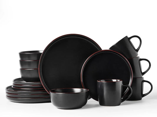 Mercury Dinnerware Sets with Mugs, Service for 4 (16 Pieces), Plates and Bowls Sets, Microwave and Dishwasher Safe Dishes Set, Matte Black