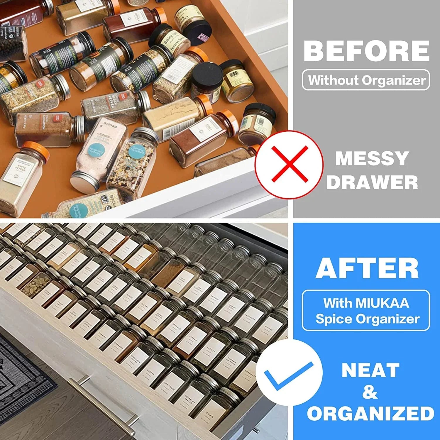 Clear Acrylic Spice Drawer Organizer, 4 Tier- 2 Set Expandable from 13" to 26" Drawer Seasoning Organizer, Kitchen Spice Rack Tray for Drawer/Countertop (Jars Not Included)