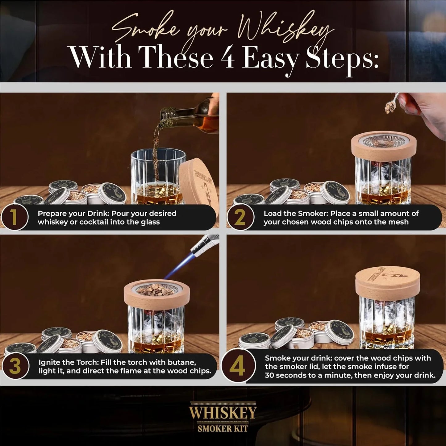 Whiskey Smoker Kit with Torch – 6 Wood Chip Flavors & 2 Glasses – Cocktail Smoker Infuser Set for Old Fashioned and Bourbon– Birthday Gifts for Dad, Men, Husband and Boyfriend(Butane Not Included)