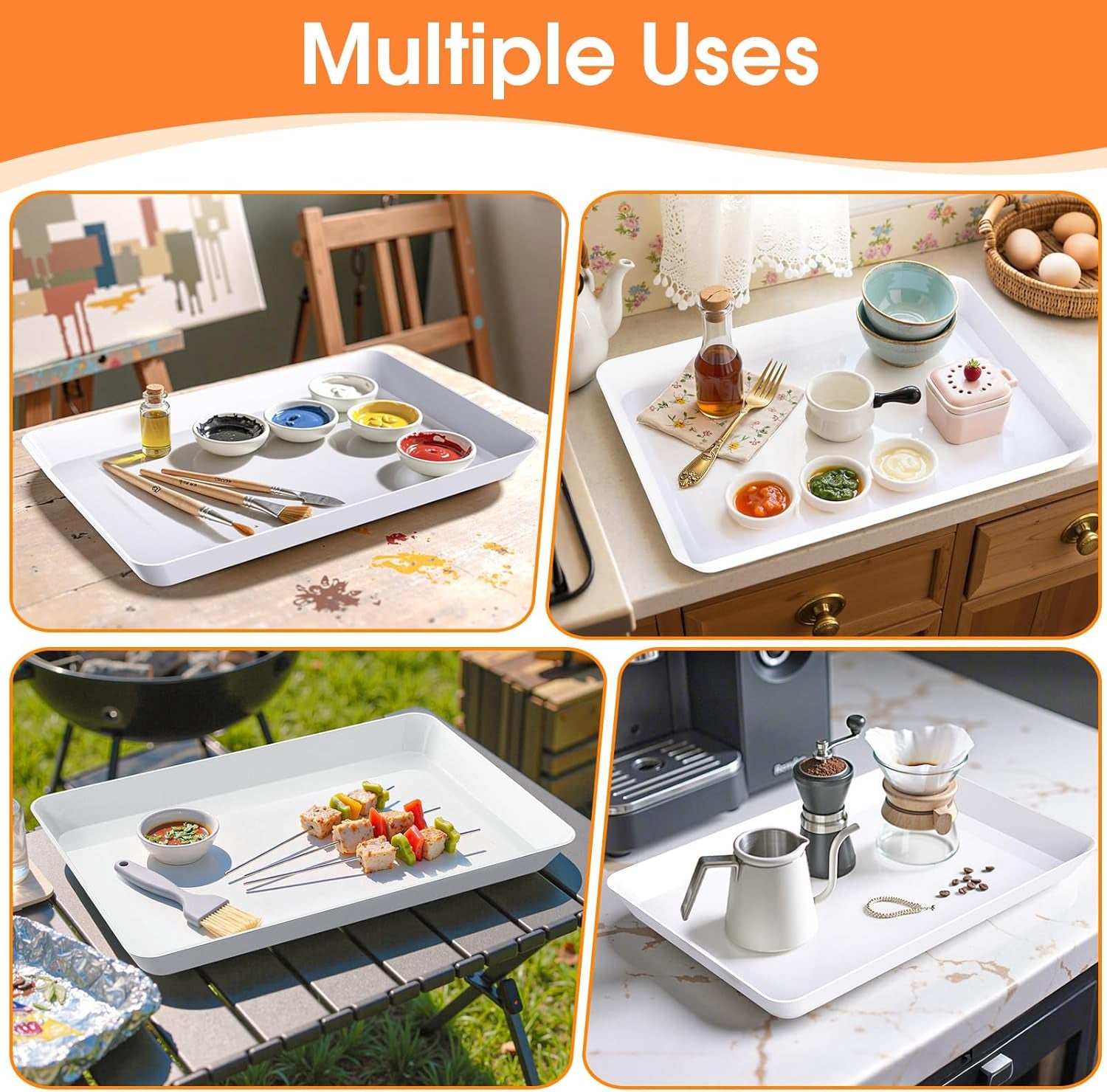 4-Pack Serving Tray, Serving Platter for Parties, Entertaining, Camping & Food Display, Reusable & Stackable Plastic Trays in Kitchen, Rectangular Food Platters for Cookie, Appetizer(White)
