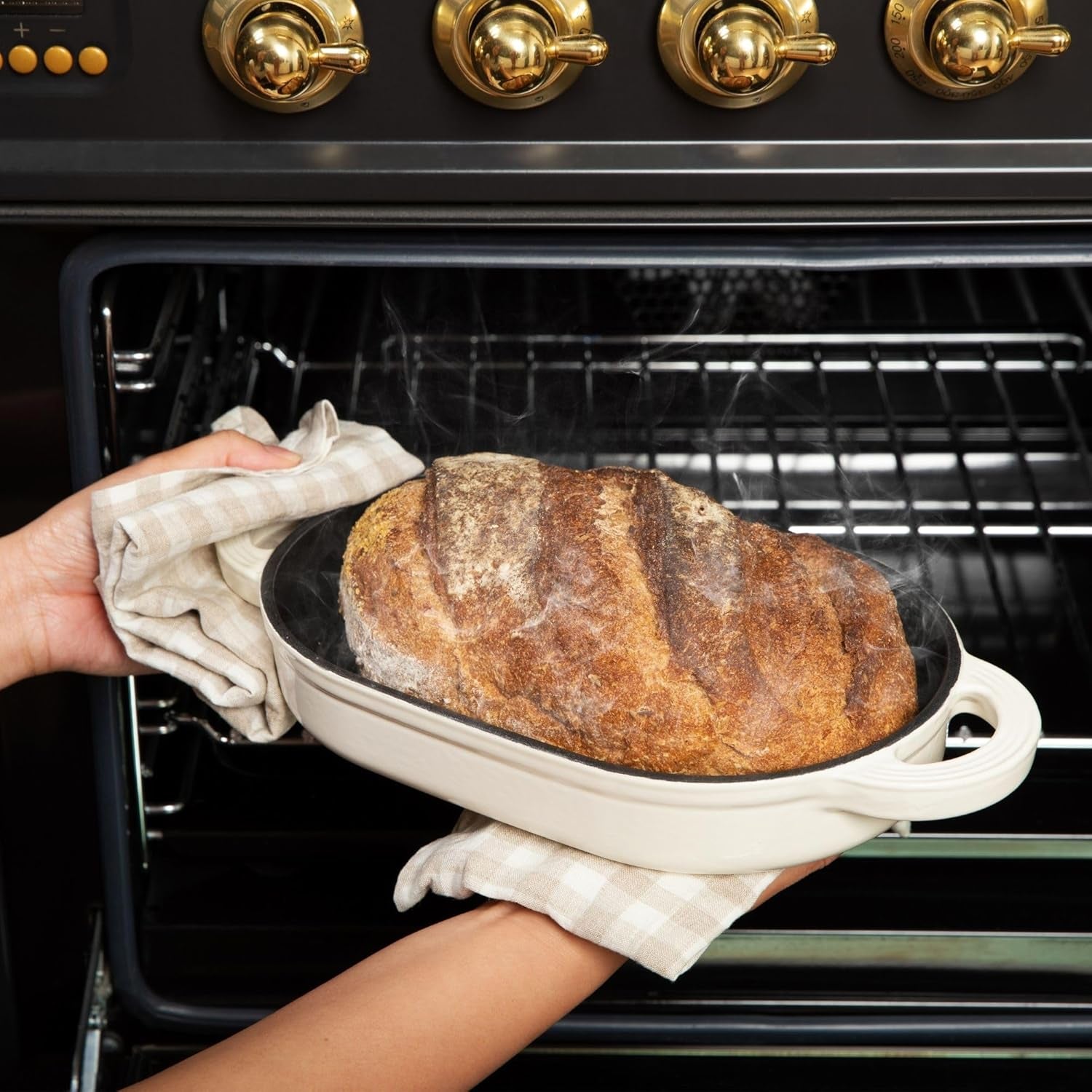 Cast Iron Oval Bread Oven, 10" X 6.5" - Rustic Dutch Oven Bread Cloche with Steam Circulating Lid for Perfect Sourdough