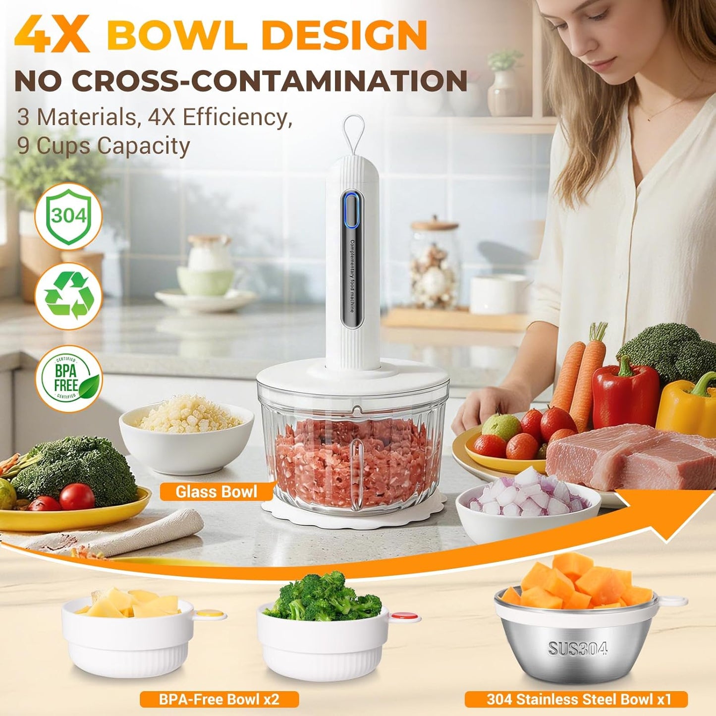 Cordless Food Processor 4 Bowls(6.5Cup+1.3Cup+2X0.6Cup)【800W Pure Copper Motor】【3 Sets SUS304 Blades】Meat Grinder-Usb Rechargeable Food Chopper for Meat,Garlic,Vegetable,Fruits,Sauces,Baby Food