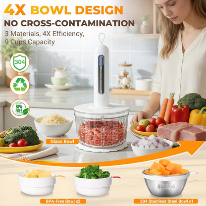 Cordless Food Processor 4 Bowls(6.5Cup+1.3Cup+2X0.6Cup)【800W Pure Copper Motor】【3 Sets SUS304 Blades】Meat Grinder-Usb Rechargeable Food Chopper for Meat,Garlic,Vegetable,Fruits,Sauces,Baby Food