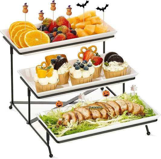 3 Tier Serving Tray Set, 12" Tiered Serving Trays Platters, Reusable Serving Tray for Party, Collapsible Sturdier Stand with Stable Cross Bars, Serving Platters for Veggie, Fruit, Dessert