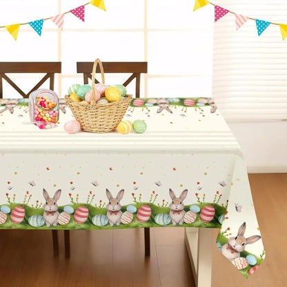 Easter tablecloth with bunnies, colorful eggs, and spring flowers for festive kitchen dining decor
