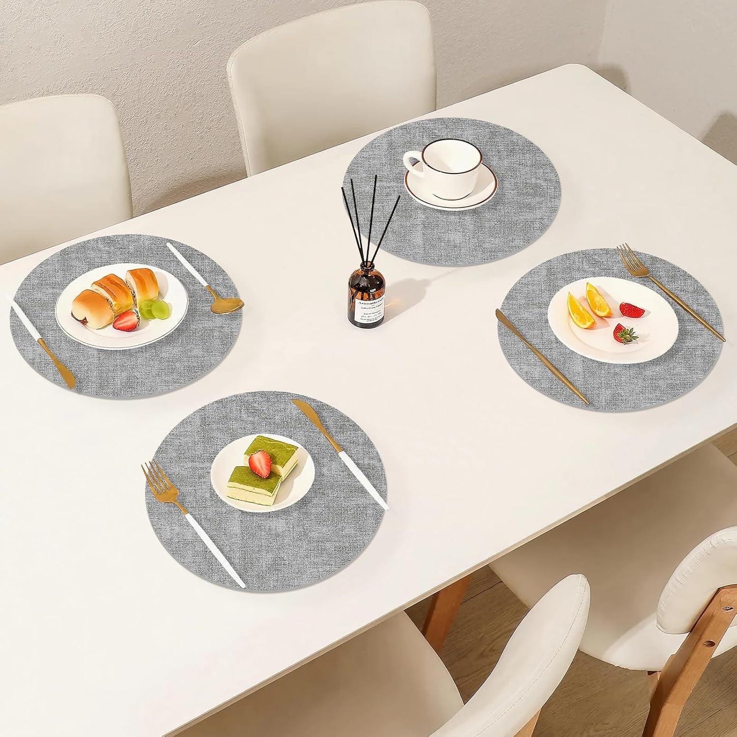 round Faux Leather Placemats and Coasters, Washable Dual-Side Table Mats, Wipeable Heat-Resistant Dining Place Mats for Outdoor and Indoor, Set of 6, Diameter 13 and 3.93 Inch, Light Grey