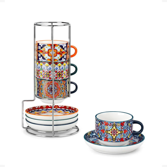 2.5 Oz Stackable Espresso Cups with Saucers and Metal Stand Set of 4,Bohemian Ceramic Cappuccino Cups - Microwave and Dishwasher Safe, Perfect for Tea, Espresso, Latte, Cafe-01
