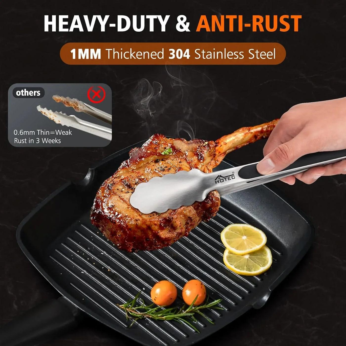 Stainless Steel Kitchen Tongs, Set of 3-7", 9" and 12", Locking Metal Food Tongs for Cooking, Serving, BBQ, Grill Non-Slip Grip