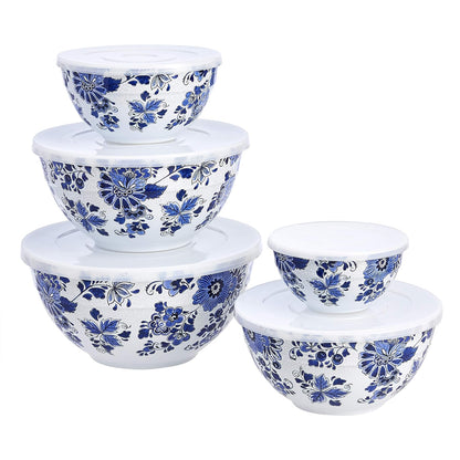 Nesting Melamine Mixing Bowls with Lids and Non-Slip Base, Dishwasher Safe, Space Saving, 5 Sizes, Blue and White Floral, Set of 10