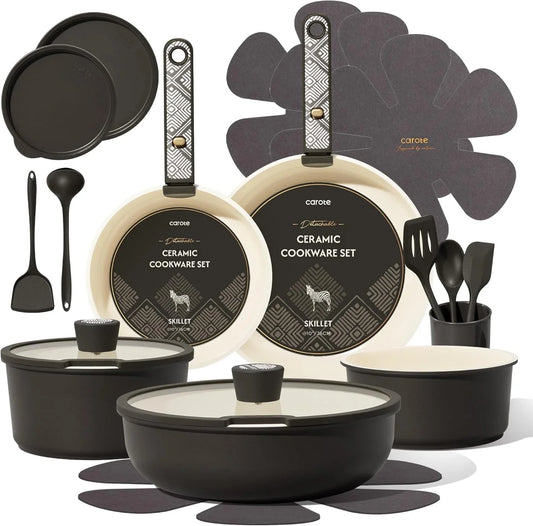 21-Piece Ceramic Cookware Set, Nonstick Pots and Pans Set with Detachable Handle, Non-Toxic Kitchen Cooking Set, Induction Compatible, Dishwasher & Oven Safe, Charcoal