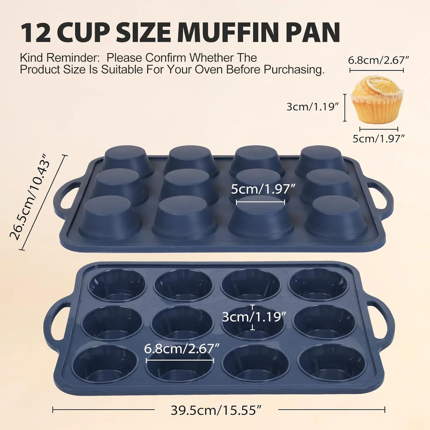 2 Pack Silicone Muffin Pan 12 and 24 Cup with Metal Frame,Non Stick Silicone Mini Cupcake Pan with Handles, BPA Free Silicon Regular Muffin Tin Tray Small for Baking, Egg Bites, Mold Grey