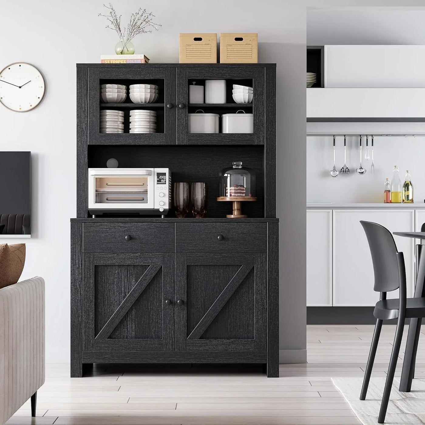 Black farmhouse kitchen storage cabinet with open shelves, drawers, and barn door design for organized cookware and appliances