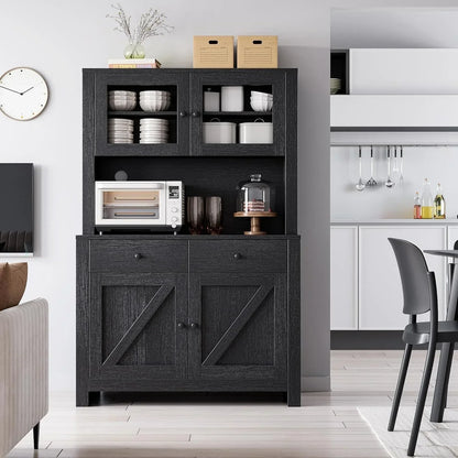 Black farmhouse kitchen storage cabinet with open shelves, drawers, and barn door design for organized cookware and appliances