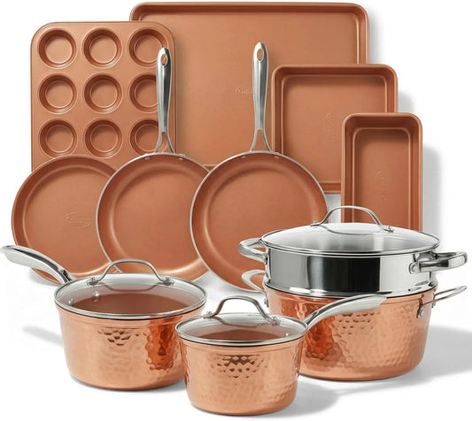Hammered 15 Pc Ceramic Cookware Set Nonstick, Induction Pots and Pans Set Non Stick with Bakeware Set & Steamer for Cooking, Non Toxic PFOA PFOS Free, Oven & Dishwasher Safe - Copper