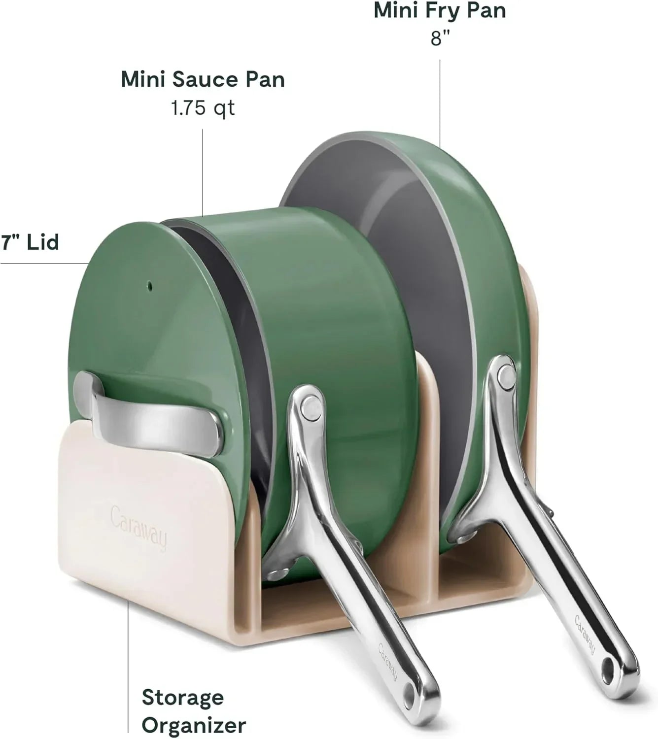 Green mini saucepan with lid, mini fry pan, and storage organizer for kitchen cookware