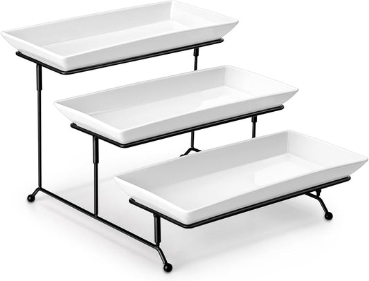 3 Tier Serving Trays for Party, Porcelain Serving Platters and Trays, 12 Inch Tiered Tray Stand, Fruit Tray, Trays for Serving Food, White Dessert Stand with Collapsible Sturdier Metal Rack