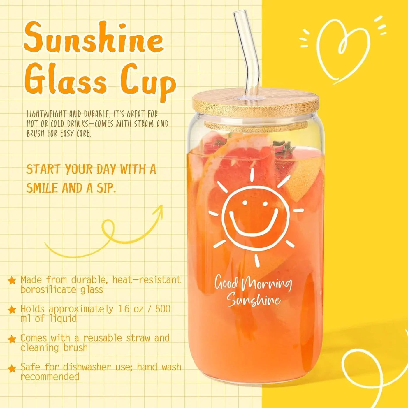 Sunshine glass cup with smiley sun design, bamboo lid, straw, and citrus-infused drink for morning refreshment