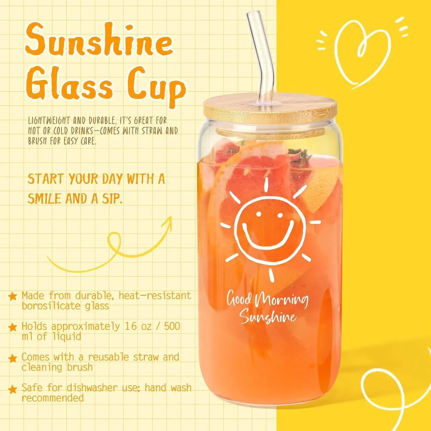 Sunshine glass cup with smiley sun design, bamboo lid, straw, and citrus-infused drink for morning refreshment