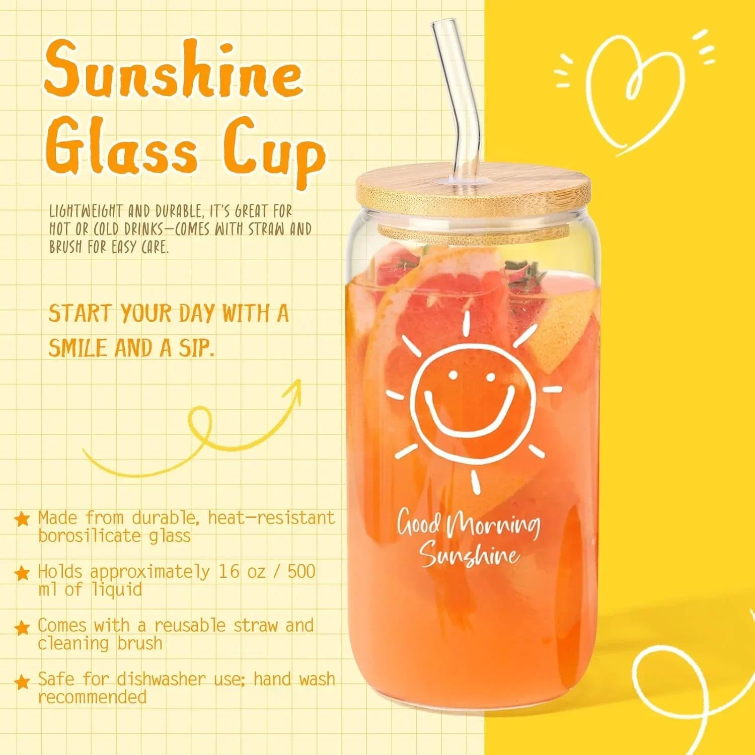 Sunshine glass cup with smiley sun design, bamboo lid, straw, and citrus-infused drink for morning refreshment