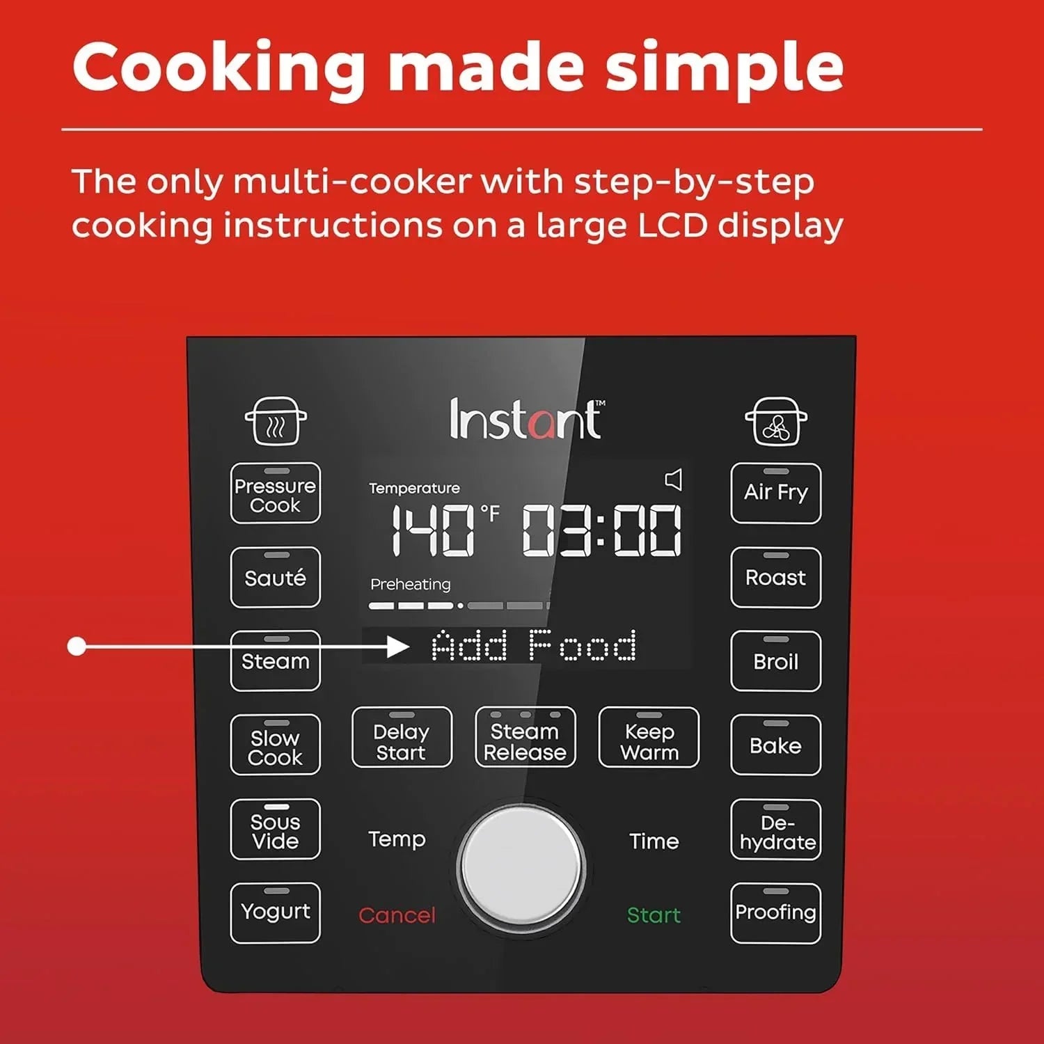 Instant multi-cooker control panel with LCD display showing step-by-step cooking instructions for easy meal prep