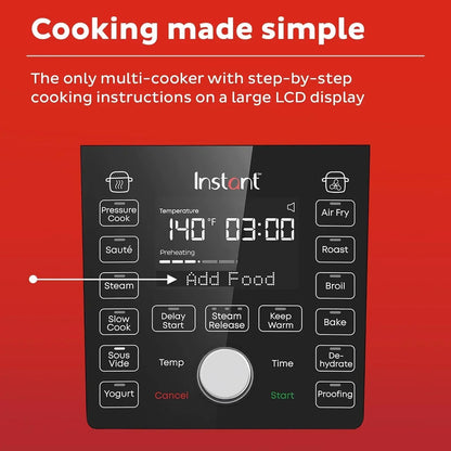 Instant multi-cooker control panel with LCD display showing step-by-step cooking instructions for easy meal prep