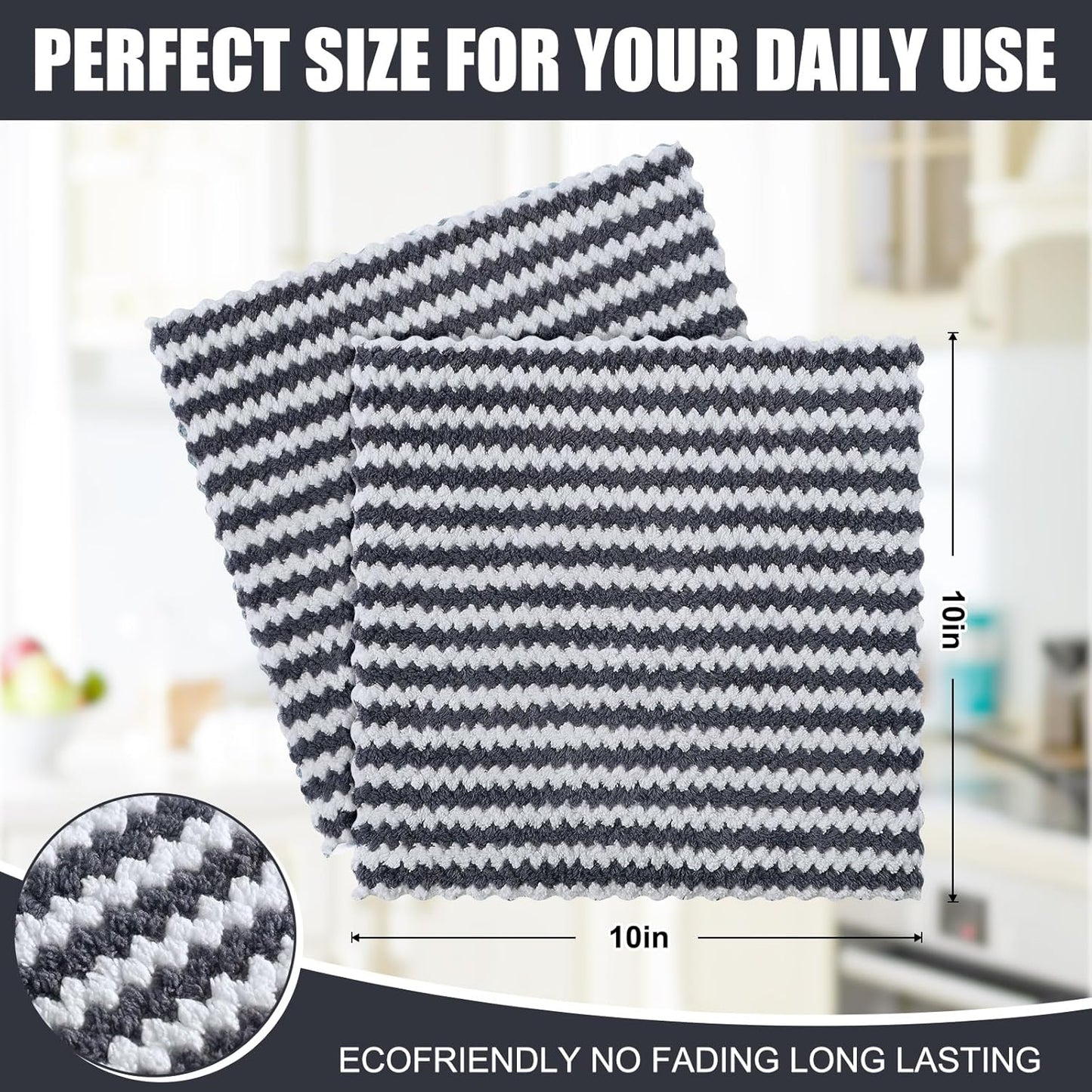 12 Pack Kitchen Dish Cloths, Ultra Soft and Absorbent Dish Towels, Reusable Fast Drying Microfiber Cleaning Cloth, Coral Velvet Wave Design No-Lint, 10 X 10 Inches, Dark Grey