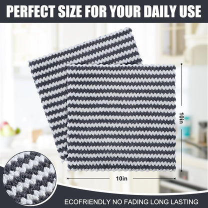 12 Pack Kitchen Dish Cloths, Ultra Soft and Absorbent Dish Towels, Reusable Fast Drying Microfiber Cleaning Cloth, Coral Velvet Wave Design No-Lint, 10 X 10 Inches, Dark Grey