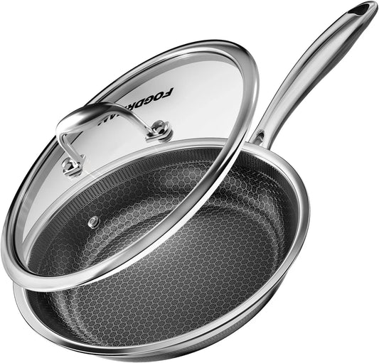 Non Stick Frying Pans, 10 Inch Stainless Steel Skillet with Tempered Glass Lid Tri-Ply Stainless Steel for All Cooktops, Dishwasher & Oven-Safe Cooking Pan, Stay-Cool Handle, Silver