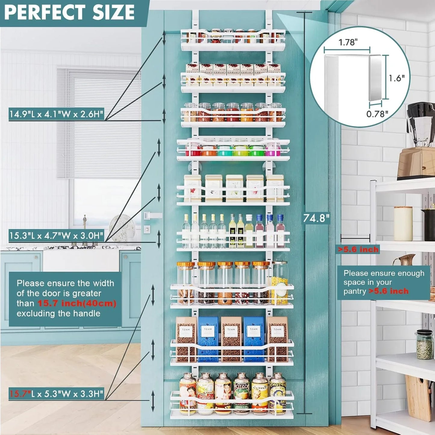 Over the Door Pantry Organizer，9-Tier over the Door Organizer with Adjustable Basket，Metal Hanging Pantry Organizers and Storage for Kitchen, Back of Door Seasoning Rack