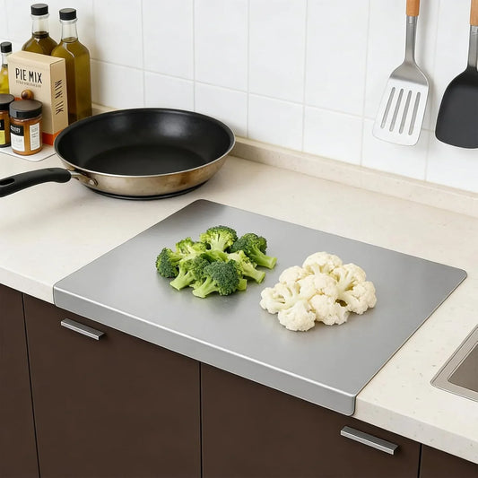 L-Shaped Stainless Steel Cutting Board for Kitchen 15×11×0.06" Lip Non-Slip Dishwasher Safe Double-Sided Use for Suitable for Meat, Fruits, Vegetables, Bread