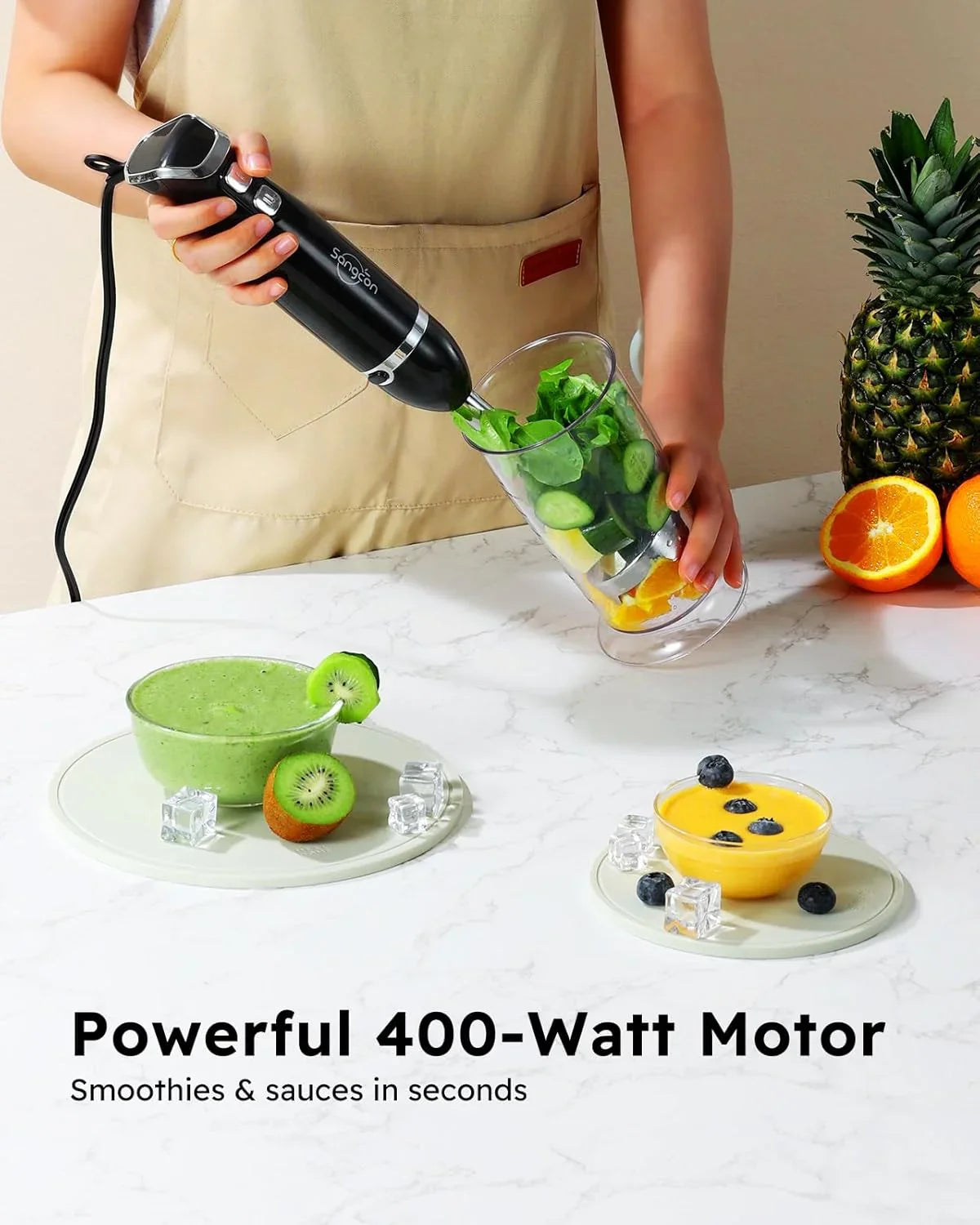 Immersion Blender Handheld, 3-In-1 Hand Blender Electric, 400W Handheld Licuadora De Mano, Stainless Steel Blade Stick Mixer with Whisk, Milk Frother Attachments - Black