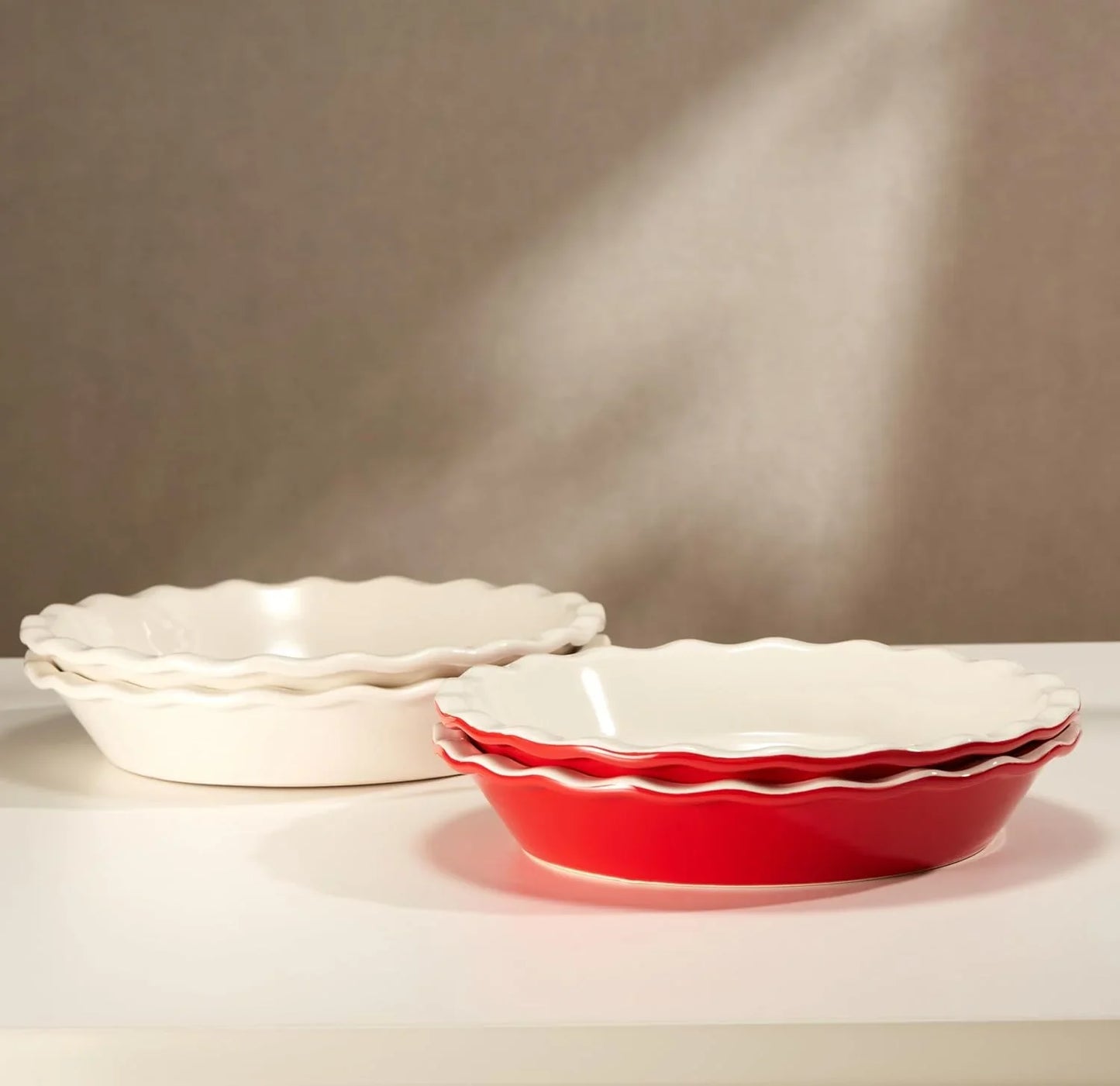 Pie Pan, Ceramic Reusable round Pie Dish, Quiche Baking Dish, Deep, Wave Edge, for Cakes, Tart, Casseroles, Tarts, Microwave, Oven and Dishwasher Safe, 9-Inch, 36 Oz, Set of 2, Cherry
