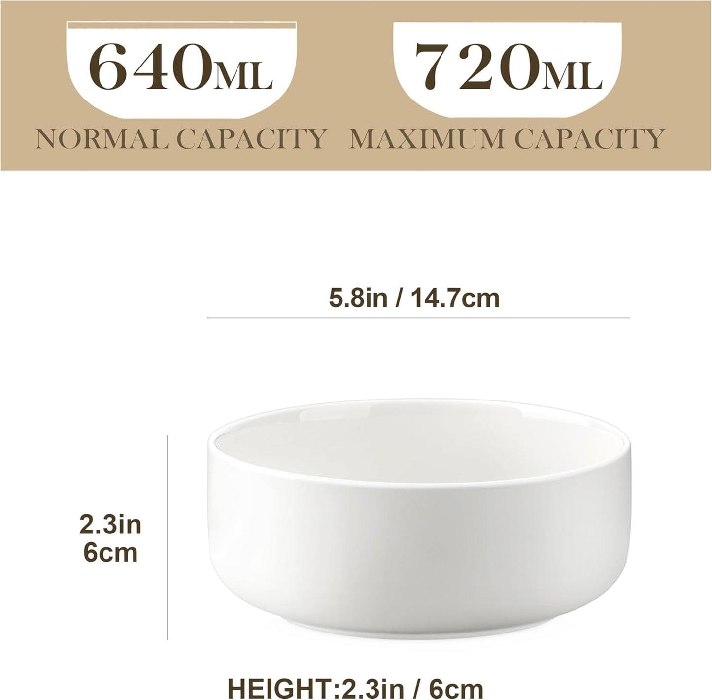 24 OZ Cereal Bowls, Porcelain Soup Oatmeal Bowls Set of 6, Kitchen Ceramic Serving Bowl, Dishwasher Microwave Oven Safe, White, Series LUNA