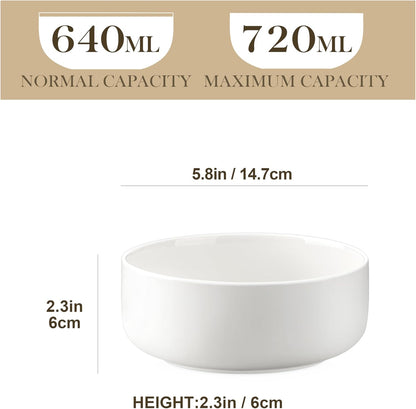 24 OZ Cereal Bowls, Porcelain Soup Oatmeal Bowls Set of 6, Kitchen Ceramic Serving Bowl, Dishwasher Microwave Oven Safe, White, Series LUNA