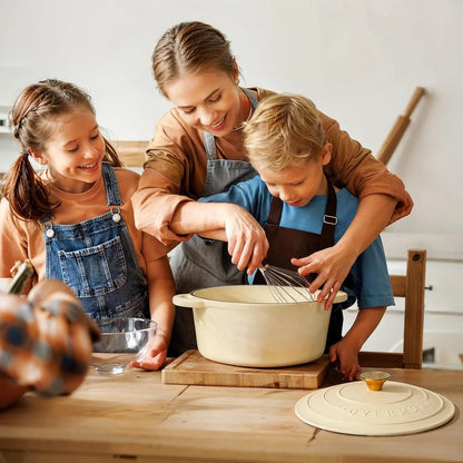 Enameled Cast Iron Dutch Oven - 7QT Pot with Lid Cookbook & Cotton Potholders - Heavy-Duty Cookware for Braising, Stews, Roasting, Sourdough Baking Cream White