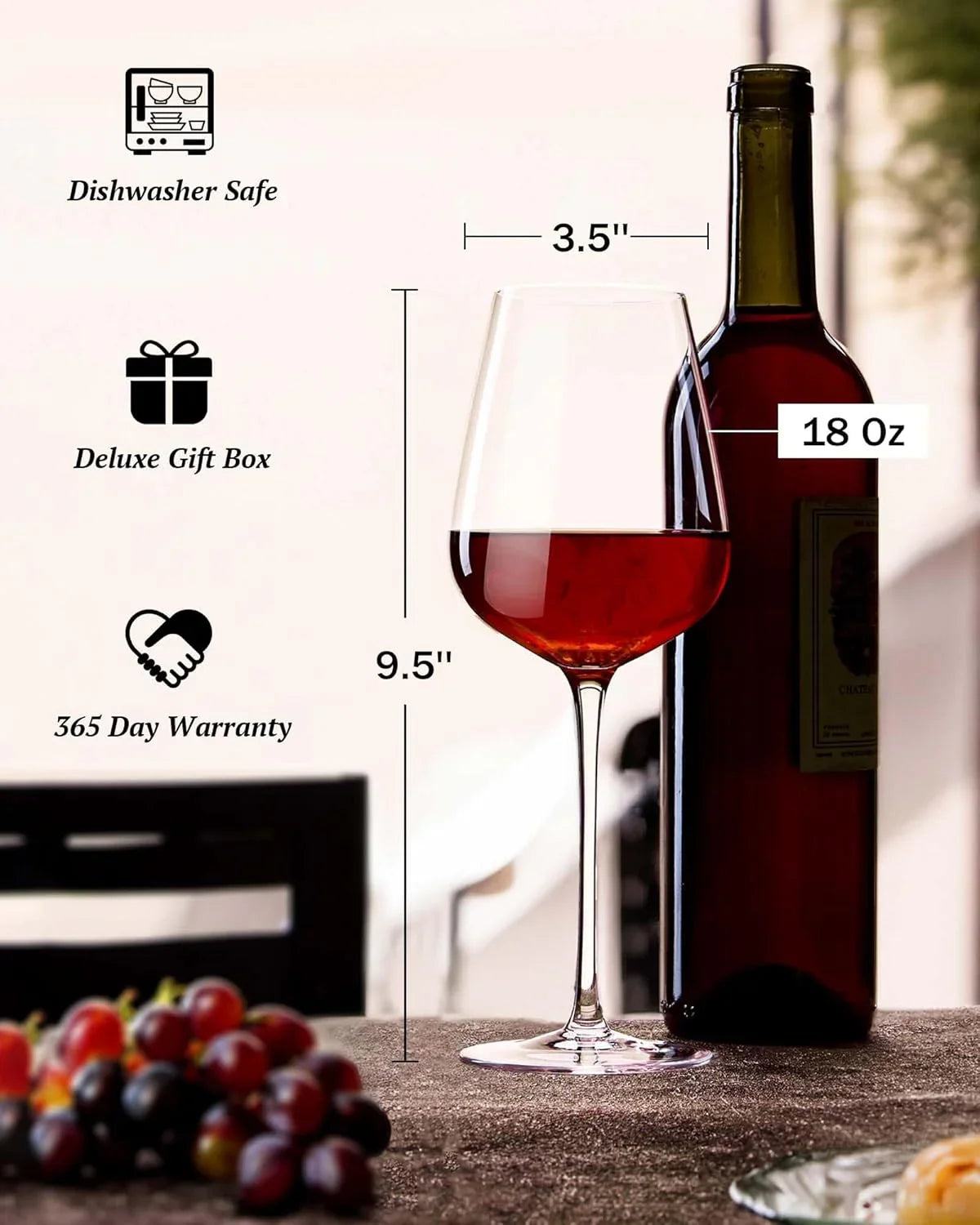 Hand Blown Italian Style Crystal Bordeaux Wine Glasses - Great Gift Packaging - Red Wine Glasses Lead-Free Premium Crystal Clear Glass - Set of 4-18 Ounce