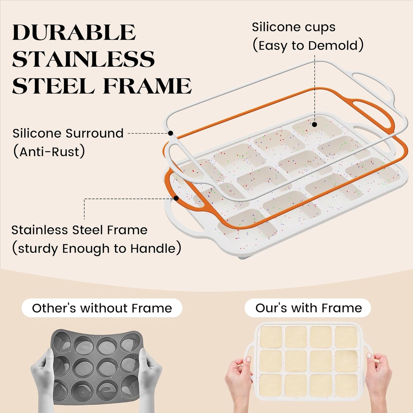 2 Pcs Brownie Pan with Dividers Silicone Nonstick Mini Individual 12 Cup Square Muffin Cupcake Pans with Metal Reinforced Frame(Cream)