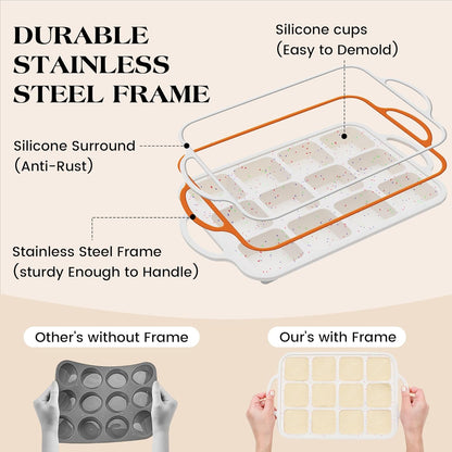 2 Pcs Brownie Pan with Dividers Silicone Nonstick Mini Individual 12 Cup Square Muffin Cupcake Pans with Metal Reinforced Frame(Cream)