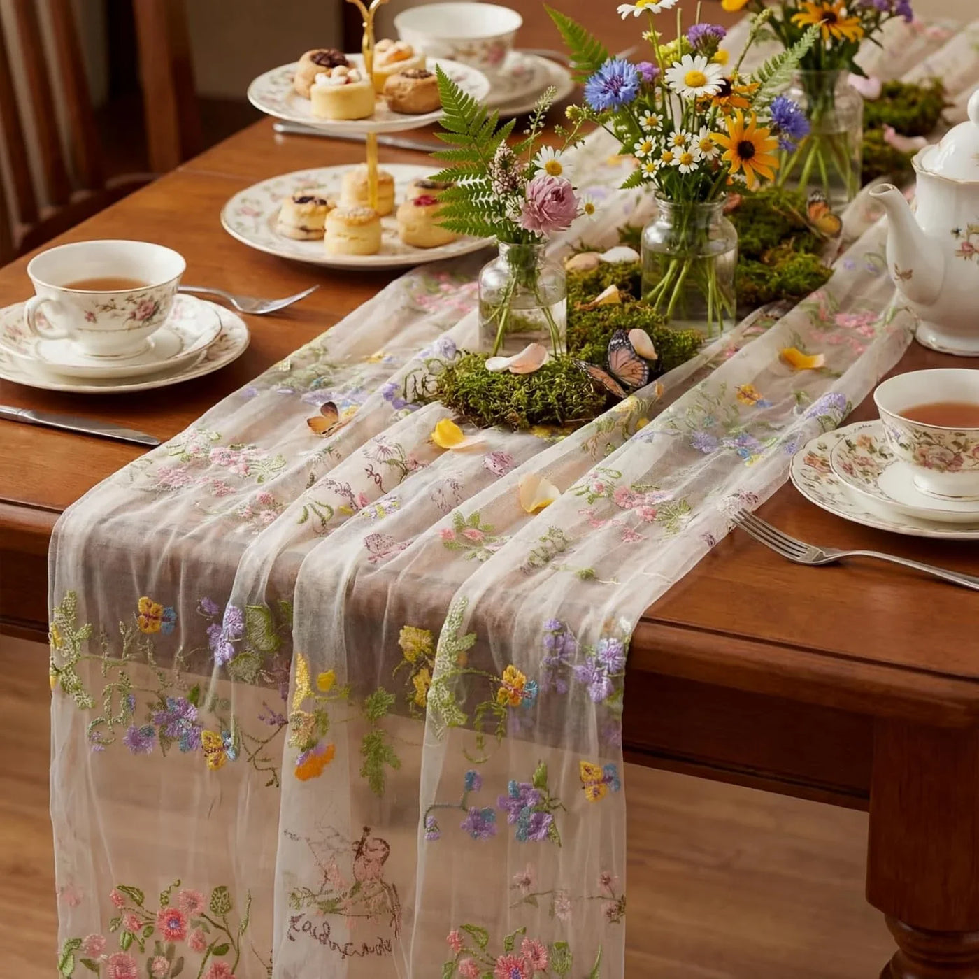 Ivory White Floral Table Runner 10Ft Embroidery Tulle Spring Wildflower Table Runner Seasonal Summer Butterfly Kitchen Dining Gauze Decoration for Wedding Baby Shower Birthday Party (1 Pcs)